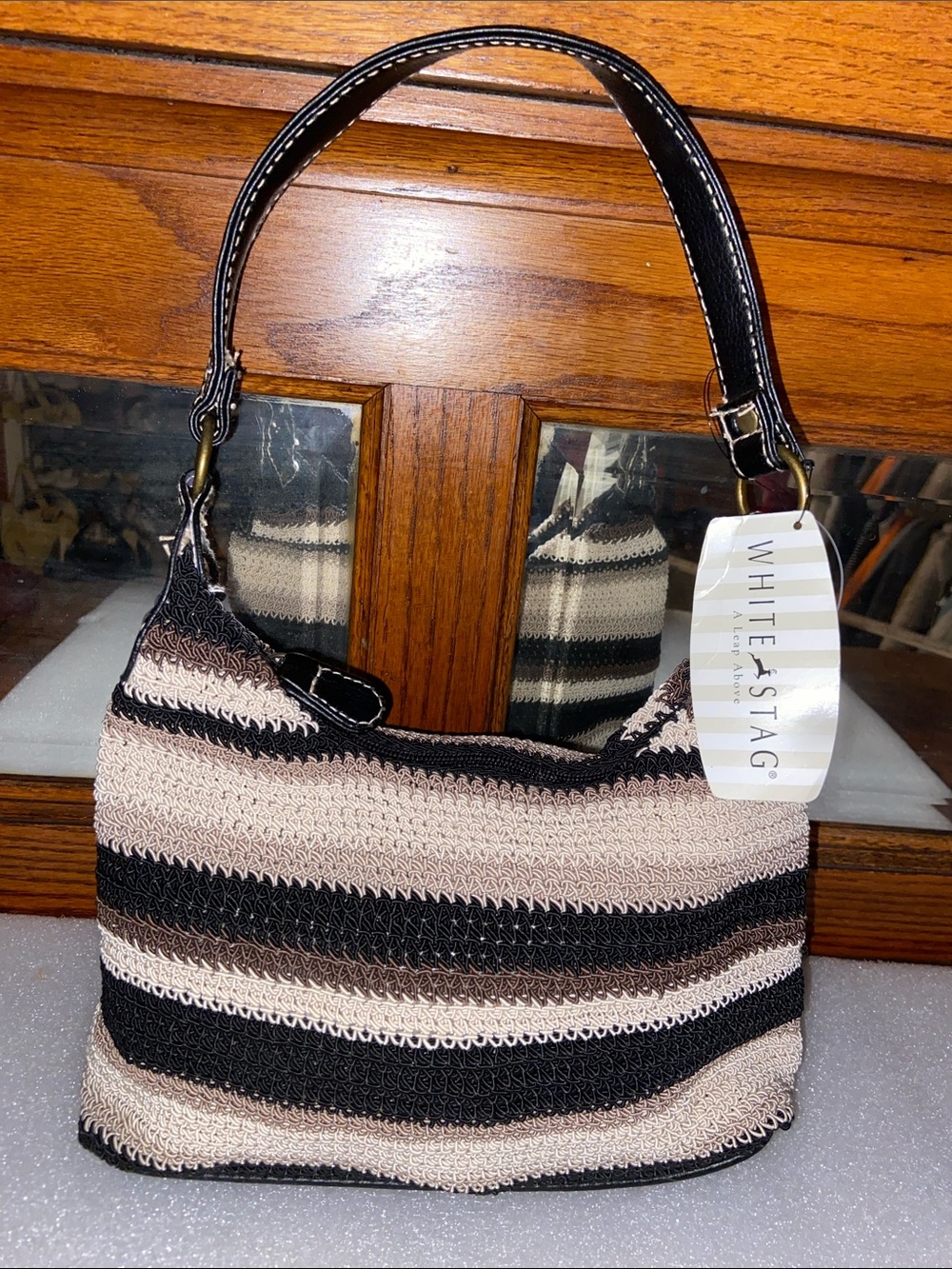 White Stag Black and Cream Striped Small Crochet Shoulder Bag